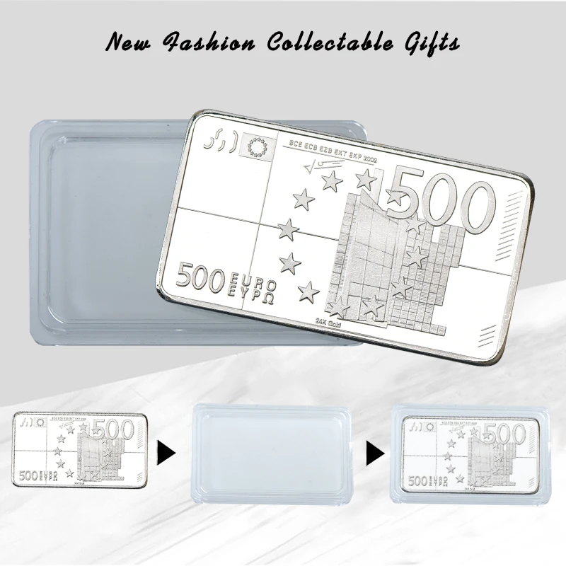 Hot Sale 24K Silver Plated Bar Top Quality Silver Banknote Metal Bars Square 500 Euro Commemorative Bar for Souvenir