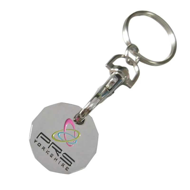 2017 UK new 12 sides shape promotional customized logo shopping trolley coin key chain with CMYK aluminum printed decals