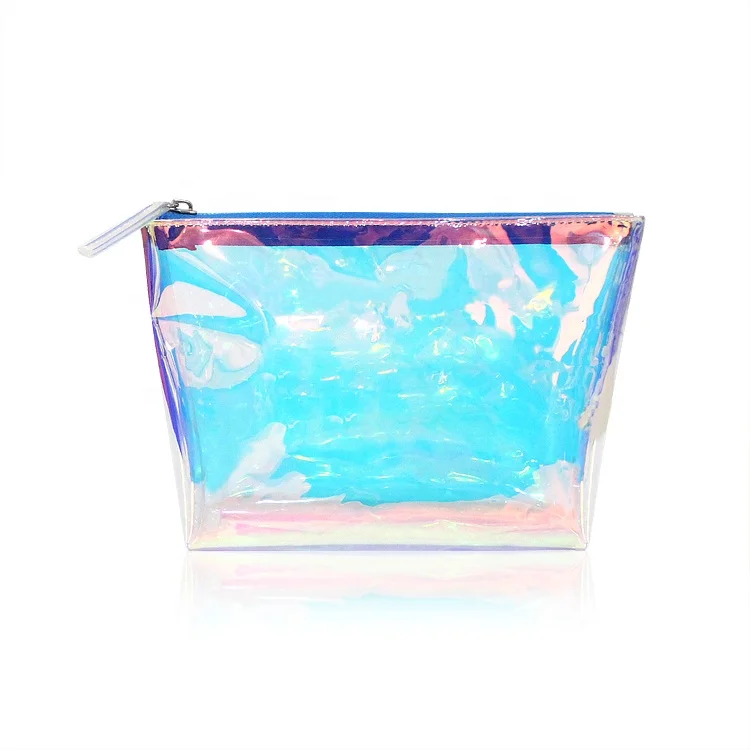 Custom hologram iridescent laser pvc cosmetic bag, transparent holographic PVC zipper makeup bag