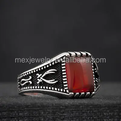 Турецкое мусульманское мужское кольцо ручной работы из серебра 925 пробы с красным агатом