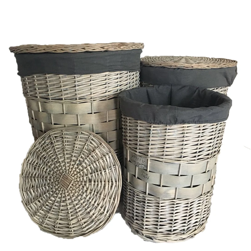Wholesale Woven Wicker Laundry Basket With Lids Lining Handmade Sundries Clothes Set4 Bedroom