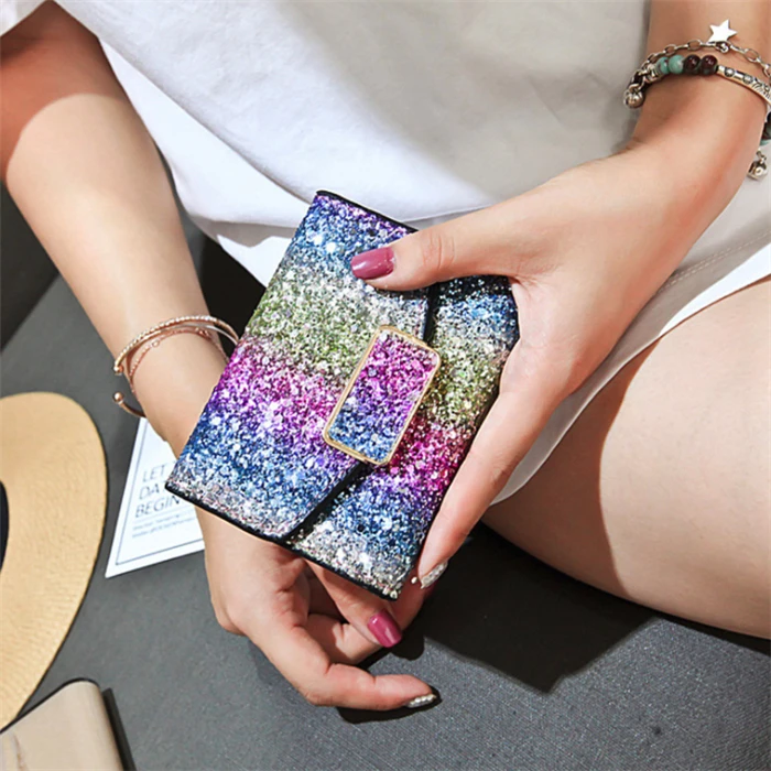 Wholesale korean fashion small short design girls women bling sequins glitter wallets for lady