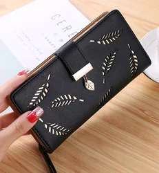 Betterbag Long fashion Clutch bag Hollowing out Leaf Sequined decorative zipper Hasp leather women clutch wallet