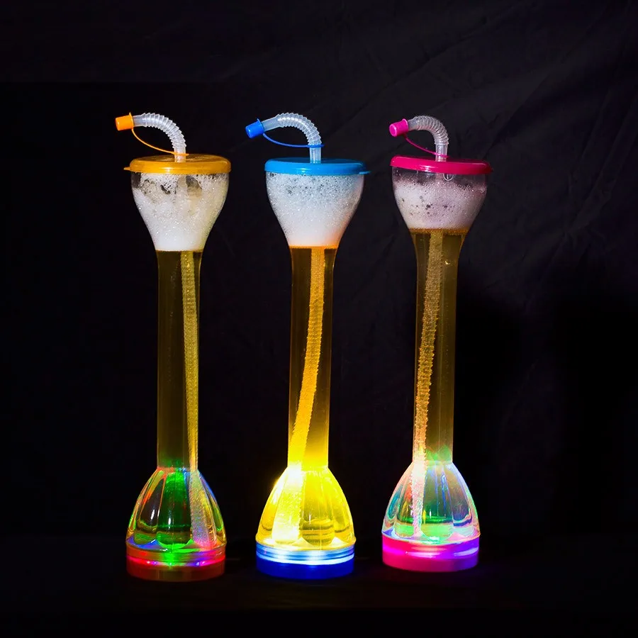 LED Flashing Party Slush Cup Plastic Long Neck Tall LED Yard Cup With Lid And Straw