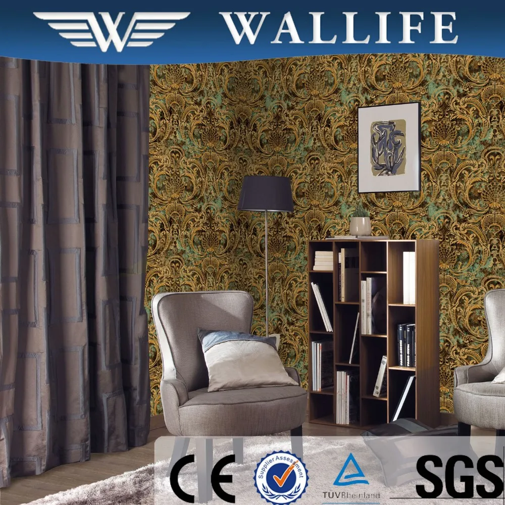 Latest royal damask flower fireproof pvc designer damask wallpaper black