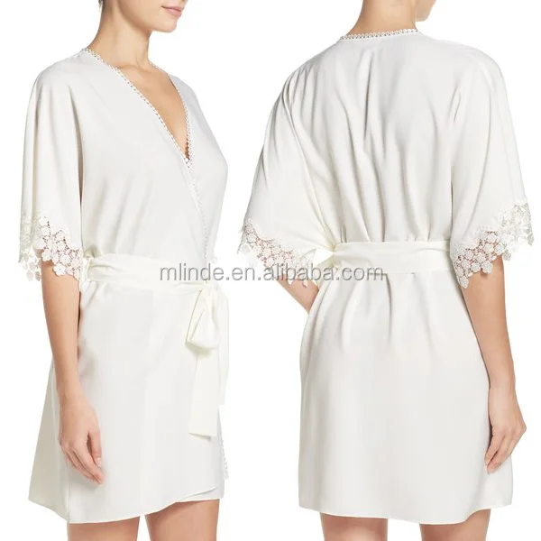 Satin robes women silk 100% polyester Lace Crochet Trim Short Robe Sexy Women