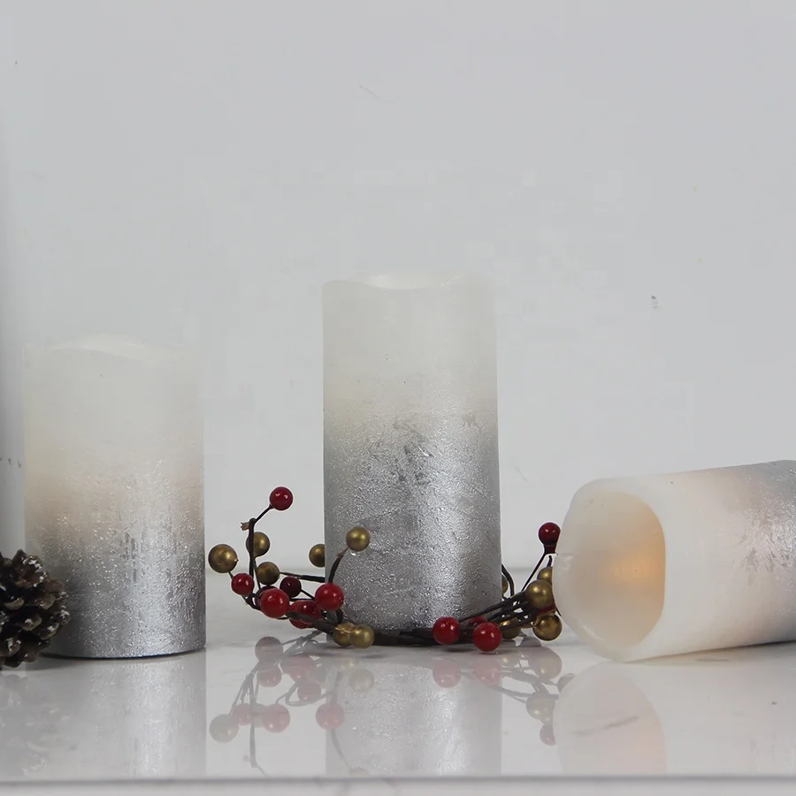 3 Inch Diameter Flickering Pillar Sliver Metallic Paint Flameless Christmas Decorations Fancy Paraffin Wax Electric Led Candles