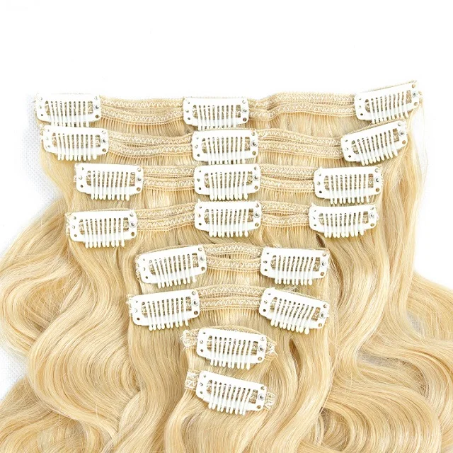 100% russian virgin blond hair 200 grams remy clip in curly hair extension double weft