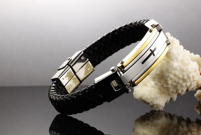 Holy Jesus Cross Braid Leather Bracelet Black Side Edge Bracelet For Sale