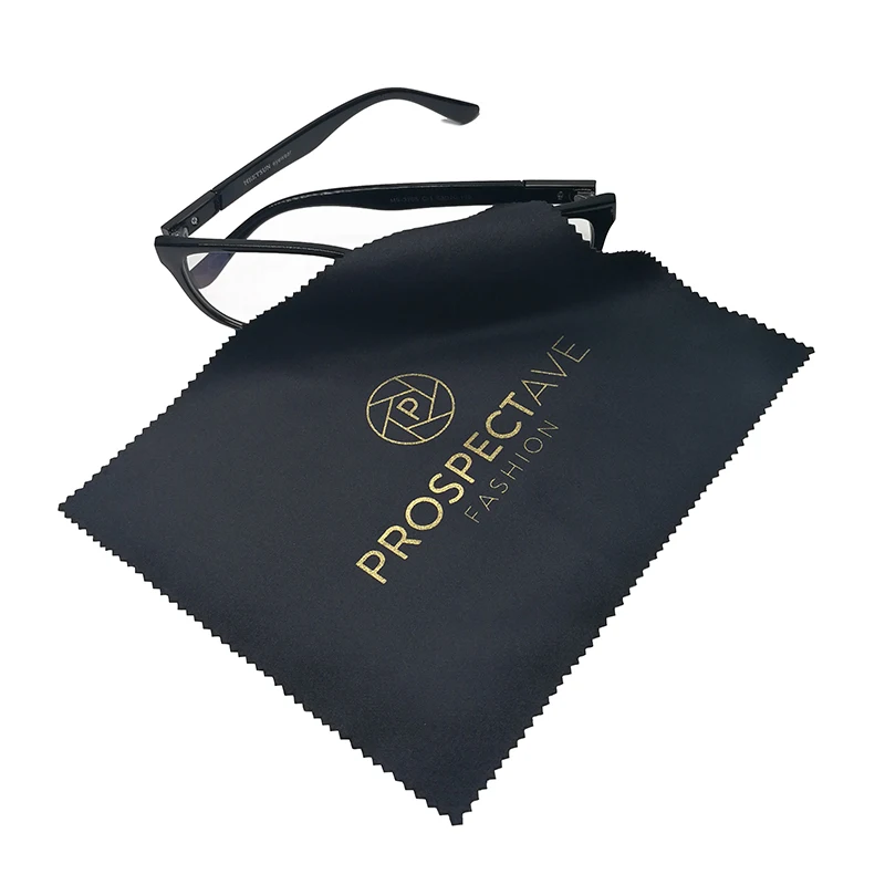 Microfiber black eyeglasses lens cleaning cloth with custom gold stamped logo