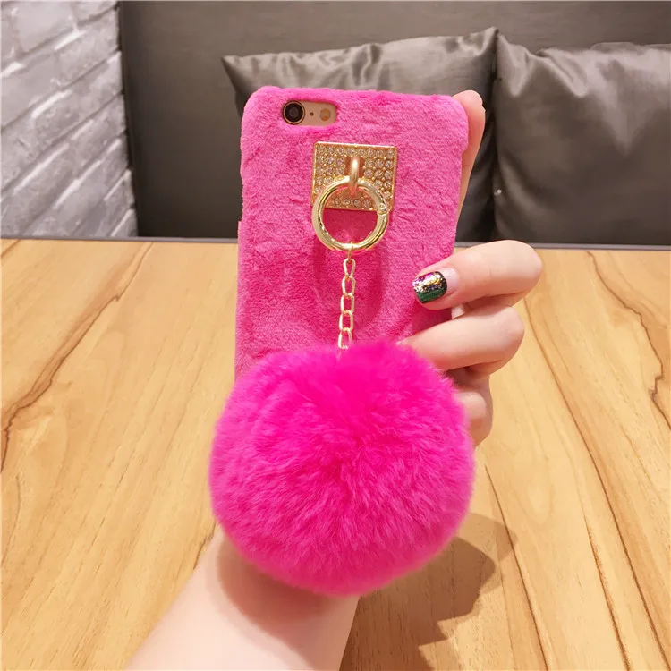Korea Wram Rabbit Fur Ball Diamond Metal Ring Tassel Case for Iphone 6 6plus 7 7 plus Luxury Plush Hard Pc Cover cases Purple