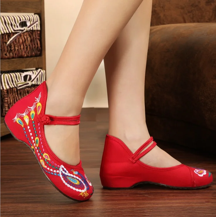 Винтажные женские холщовые лоферы на ремешке с вышивкой китайского Феникса, повседневная обувь на плоской подошве