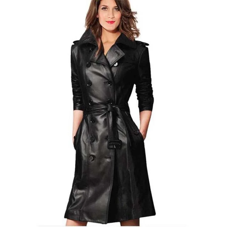 women double breasted pu leather jacket coat
