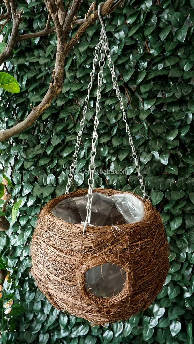 Натуральная подвесная корзина из ротанга ручной работы для украшения сада, подвесные горшки для растений с цепочкой и крючком диаметром 24 см