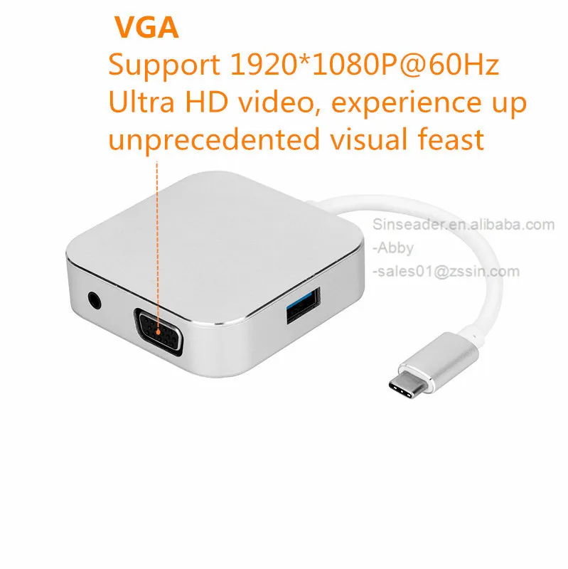 USB C to HDMI+VGA+U3+3.5MM hub high speed 5Gbps data transfer support 4K 30Hz 4 in 1 converter