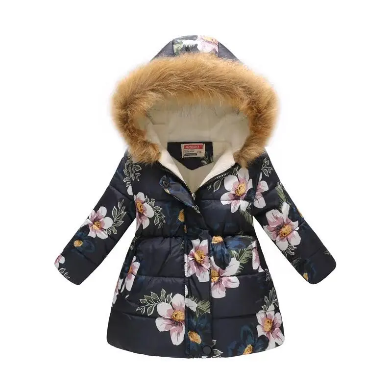 
Girl kids Colorful AOP Print Outwear Warm Waterproof Long Hooded Jacket With Polar fleece 