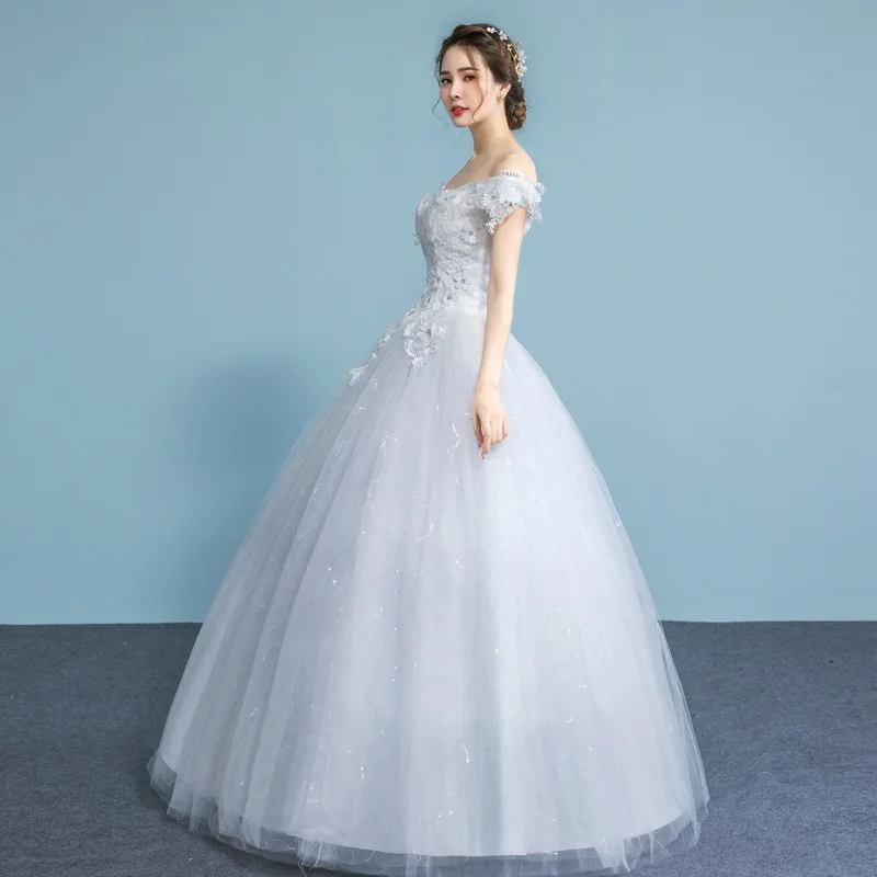 
Korean Styles Dress Off Shoulder Flowers shinny ball gown wedding dress for women 