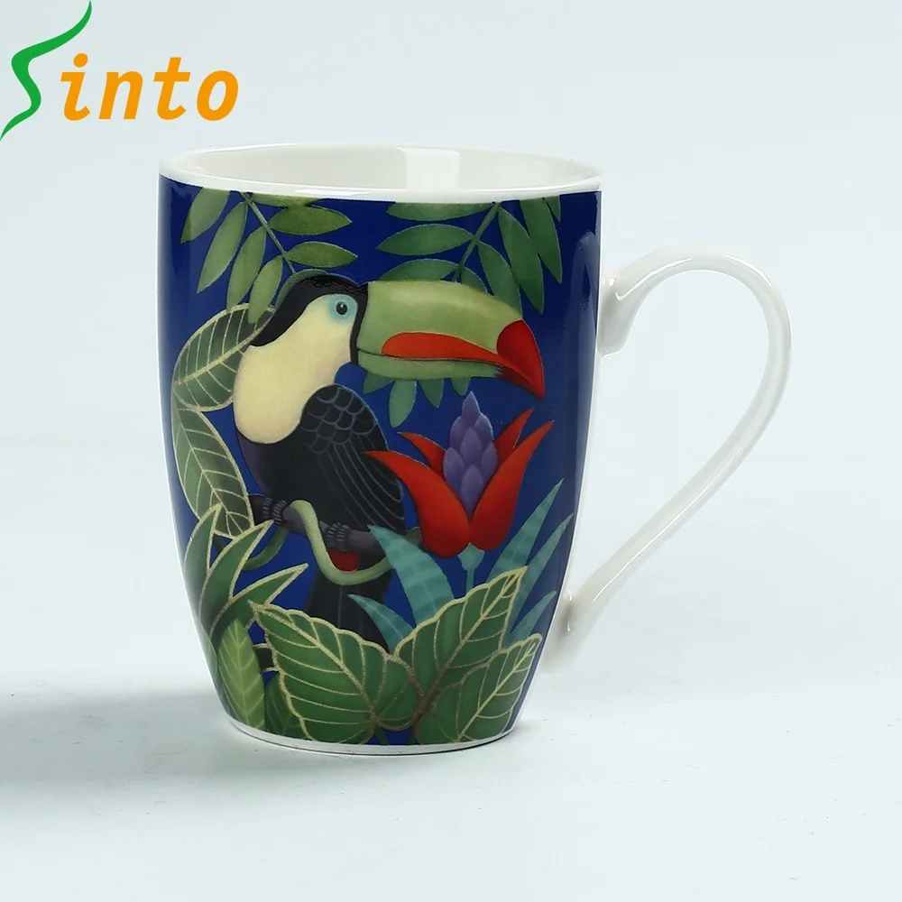 12 OZ 2018 Newly designed parrot and floral printing porcelain mug