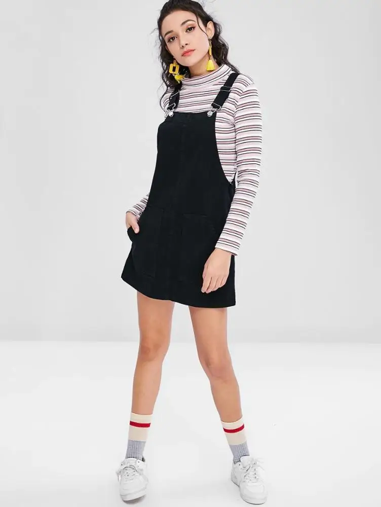 2019 Fashion pockets pinafore dungaree black denim sleeveless dress women