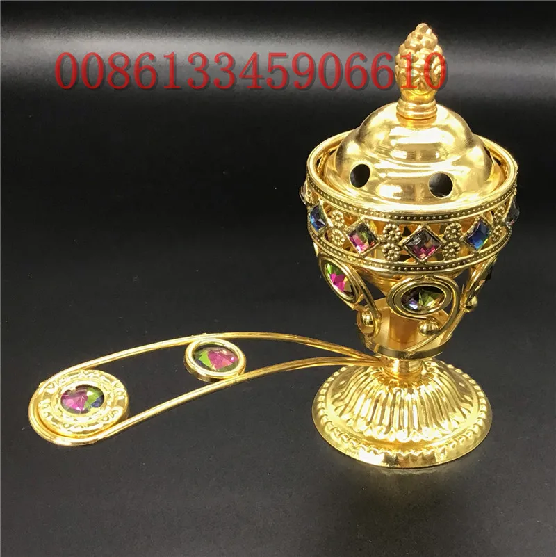 antique metal diamond incense burner with handle bar