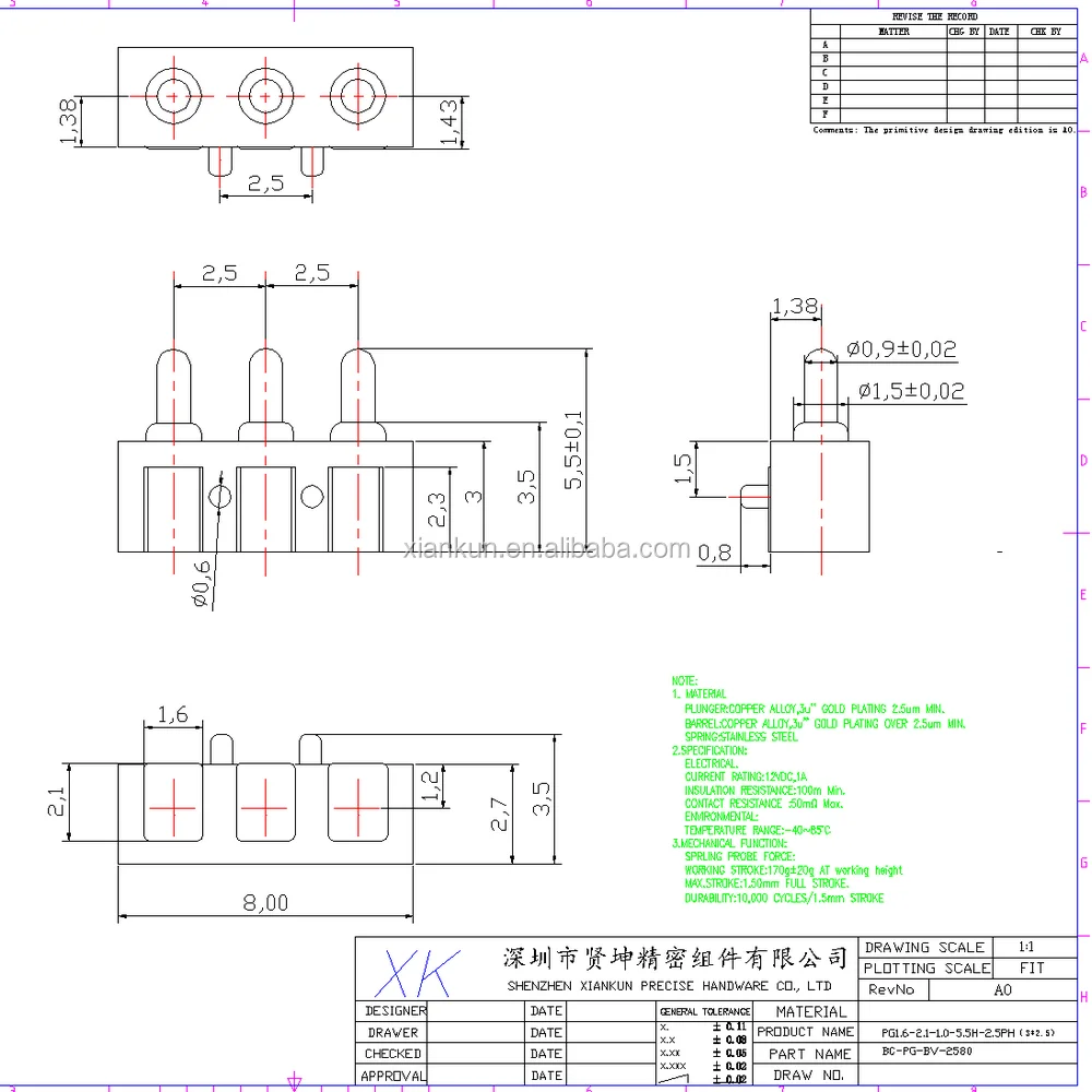 Gold-plated spring contact pin, spring loaded connector brass pogo pin for PCB