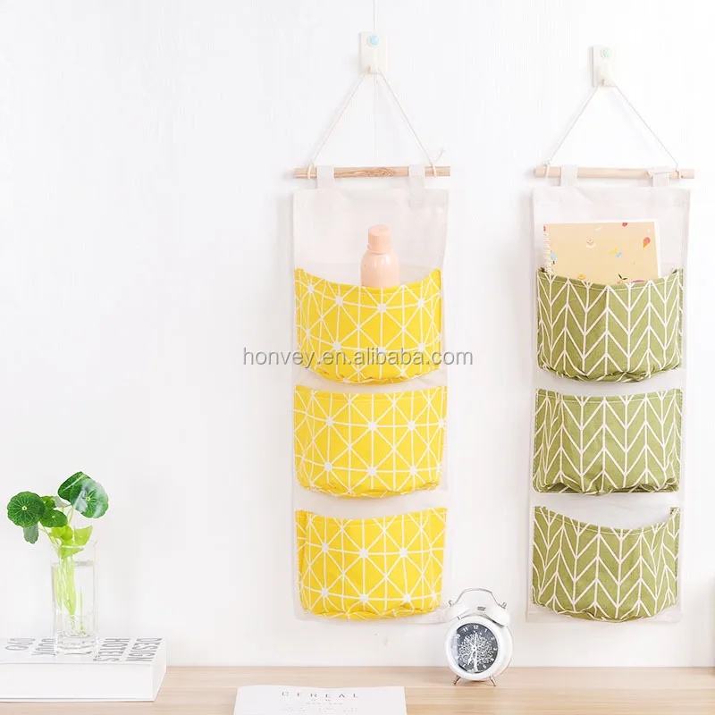 
HONVEY Wall Hanging Storage Bags Cotton And Linen 3 Pockets Wall Door Closet Hanging Storage Bag Organizer For Room Bathroom 