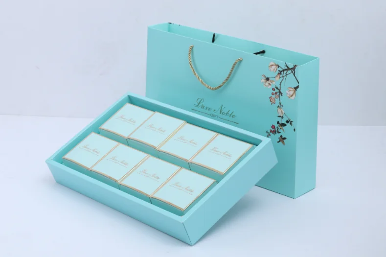 high quality custom logo food grade art paper durian mooncake sky blue packaging paper box with 4 dividers