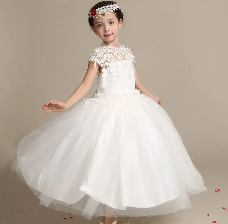 Princess party white dresses kids formal kid girl full dresses breathable Lace puffy embroidered dress for girls 12 years old