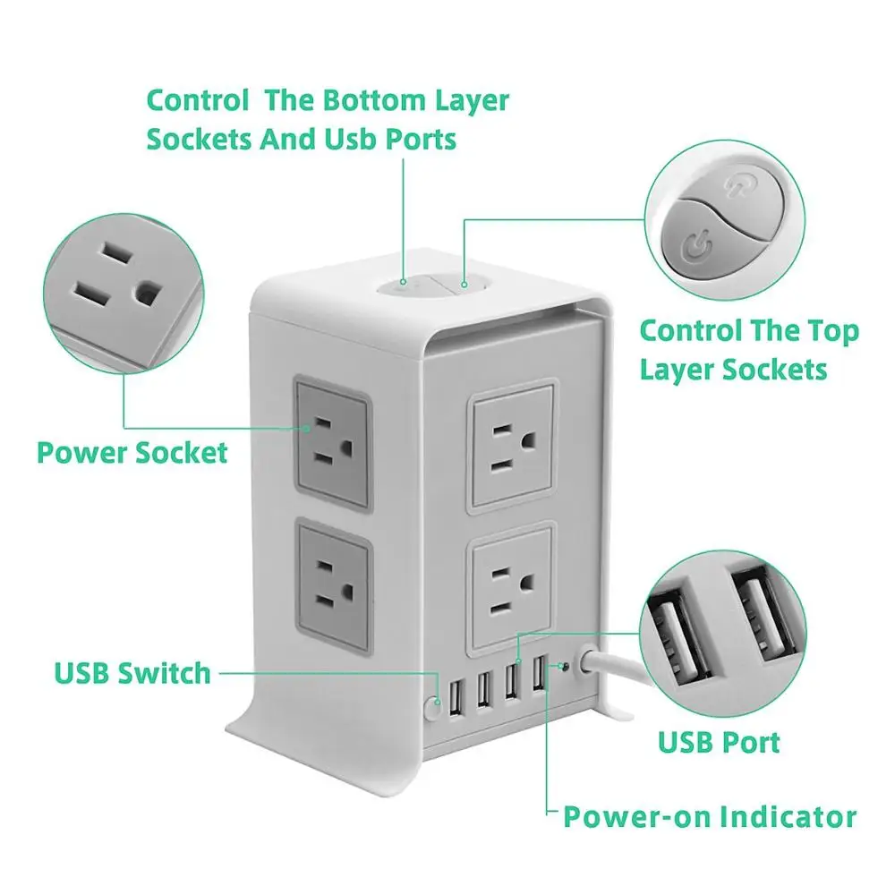 
Amazon Hotsale Two Layer Tower Power Strip with 4 USB Ports and Surge Protection 