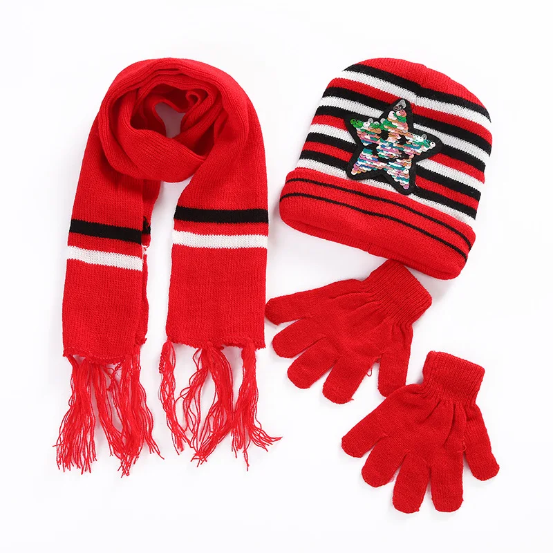 Customized Cheap White Orange Red Knit Kids Hat Scarf Gloves Set Glove