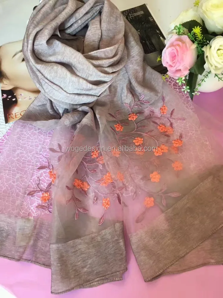 New designer summer Chinese design gauze fabric shawls wrap echarpe mascadas women headwear embroidery florals cotton silk scarf