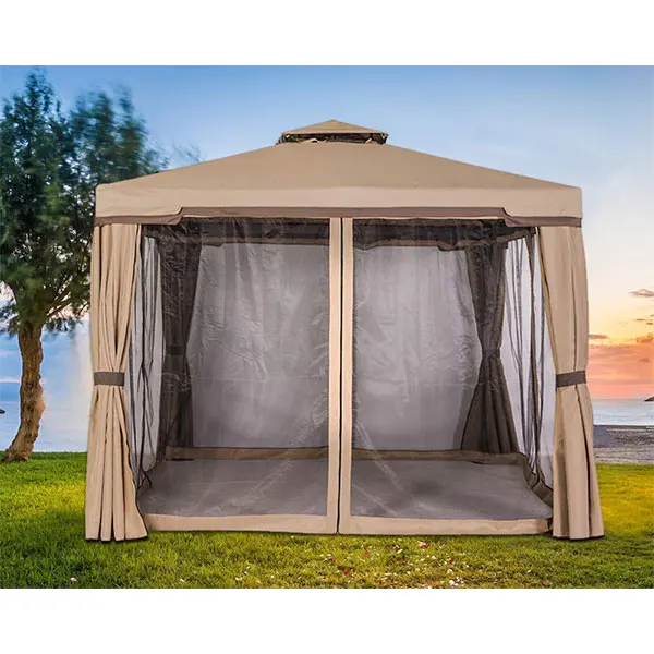 10x10FT Summer Brown Metal Top Gazebo with Mosquito Netting