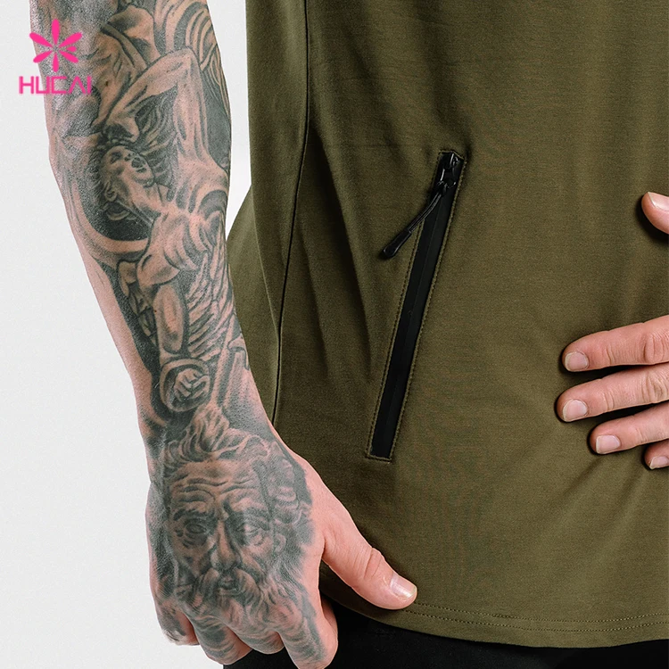 Wholesale Kangaroo Zipper Pocket Slim Fit Men Custom Curved Hem T-Shirt
