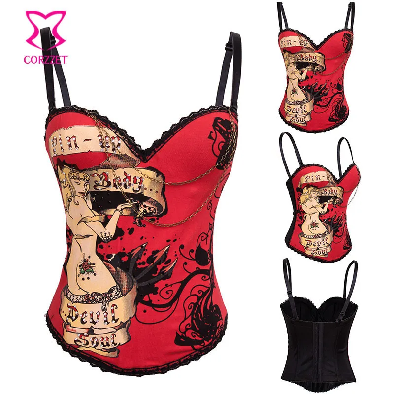 Burlesque Women Pin-Up Body Shaper Prints & Studded Cotton Bustier Sexy Corset Straps Espartilhos E Corpetes victorian corset