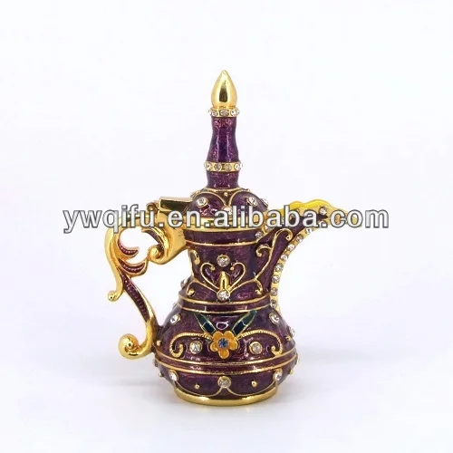 China supplier tea pot Aladdin Lamp shape magnet metal hand painted home decor crystal trinket jewelry box(QF3910)