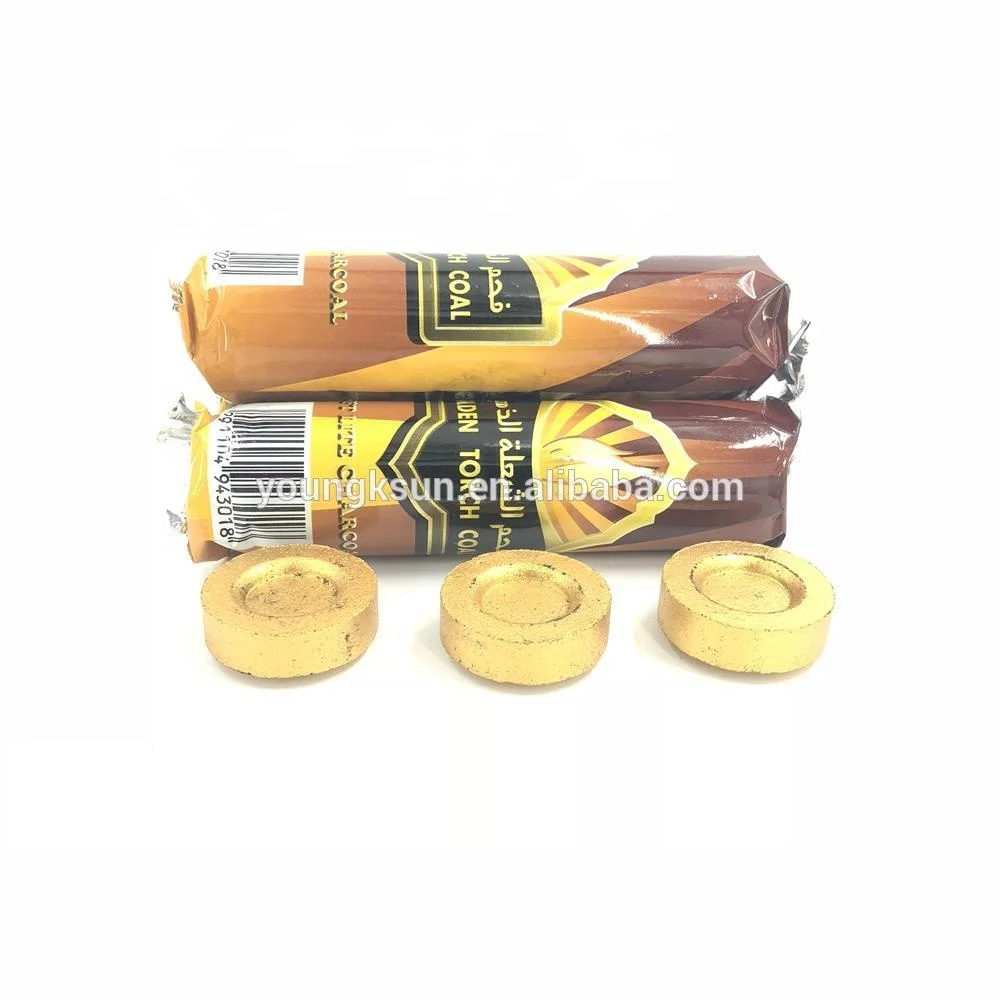 YKS 33mm smokeless golden color round charcoal briquette for shisha hookah
