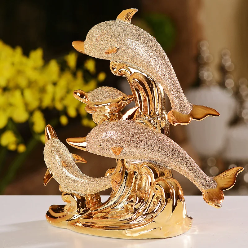 
Fashionable design gold color plated custom ceramic dolphin statues 