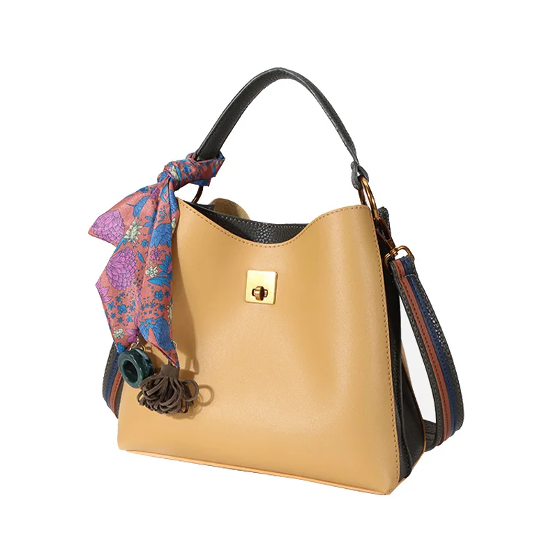 
Elegant new color contrast bucket bags for women 2019 with metal square lock ladies handbags Tote with decoration 