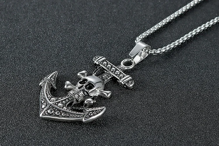 Punk Gothic Pirates of the Caribbean Black  Stainless Steel Cross Charm Skull  Anchor Pendant Necklace