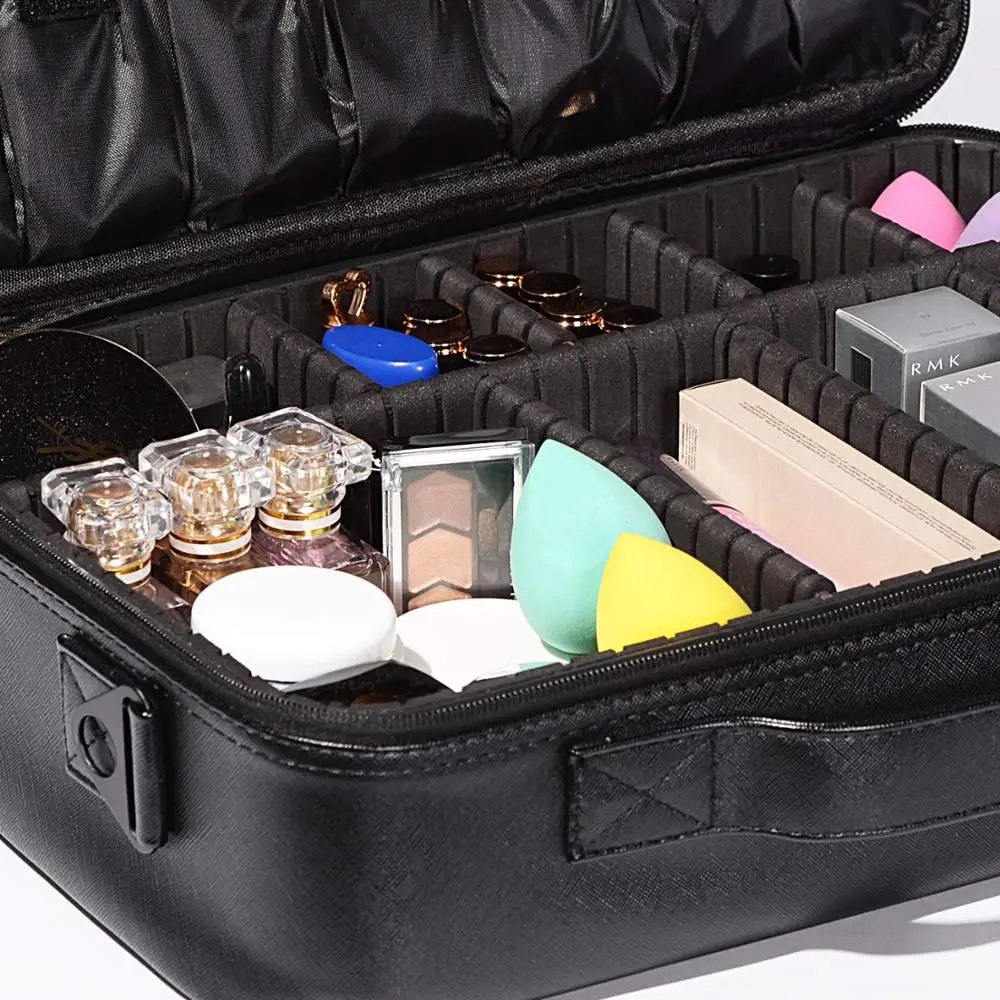 Makeup Bag Organizer Cosmetic Train Case 3 Layer Beauty Artist Storage Brush case with Shoulder Strap PU Leather Designed