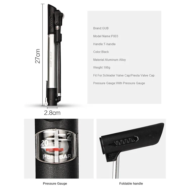 GUB P003 Bicycle Pump Portable Bike Tyre High Pressure Inflator Aluminum Alloy with Pressure Presta Schrader Valve Cap Hand Pump
