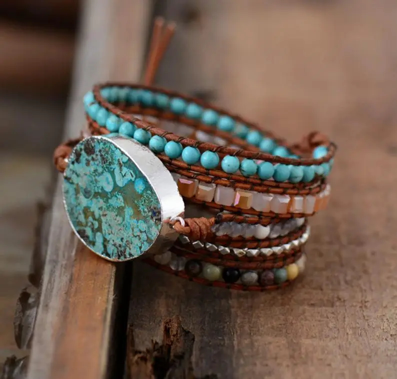 Natural Ocean Jasper Bracelet Geode Slice Gilded Druzy Bracelet Turquoise Beaded Wrap Bracelet