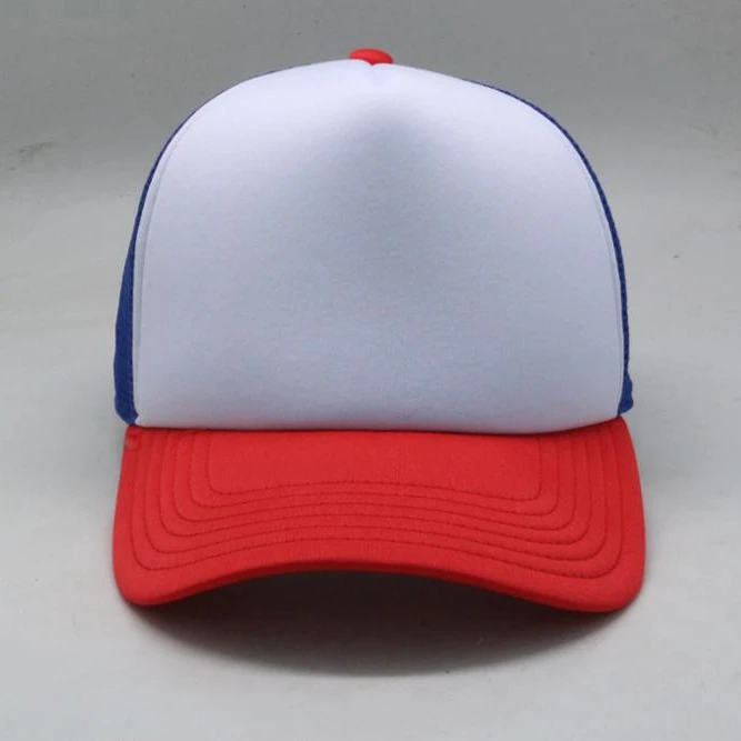 custom foam turcker cap mesh fabric blank design white panel with red brim and blue mesh Snapback Cap