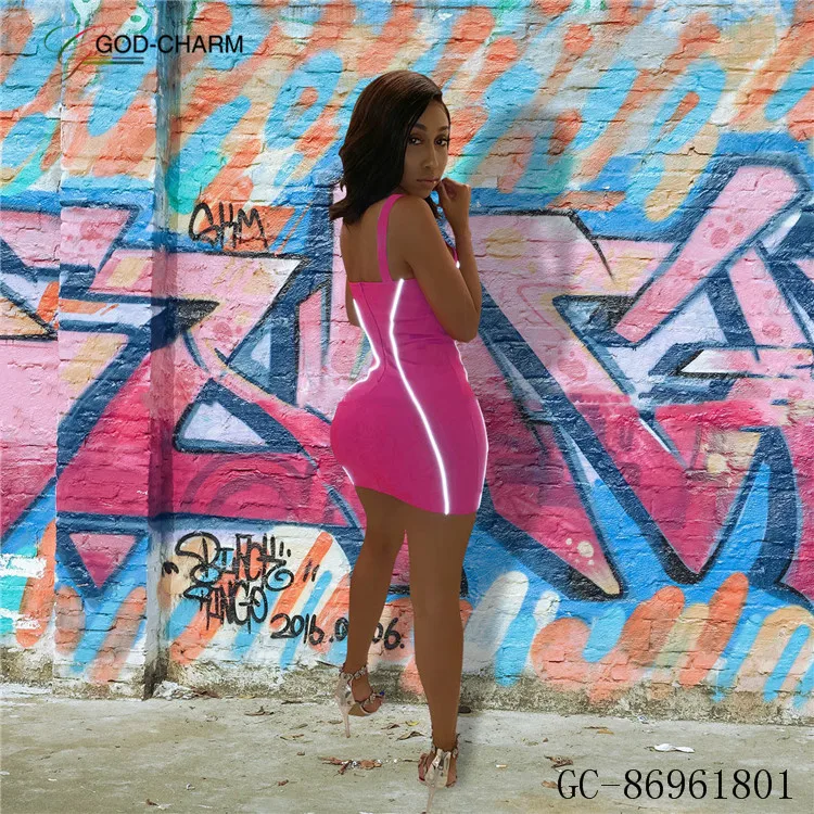 GC-86961801 Wholesale Women Sexy Reflective Fabric Plus Size Striped Spliced Night Club Mini Dress 2019 African Clothing