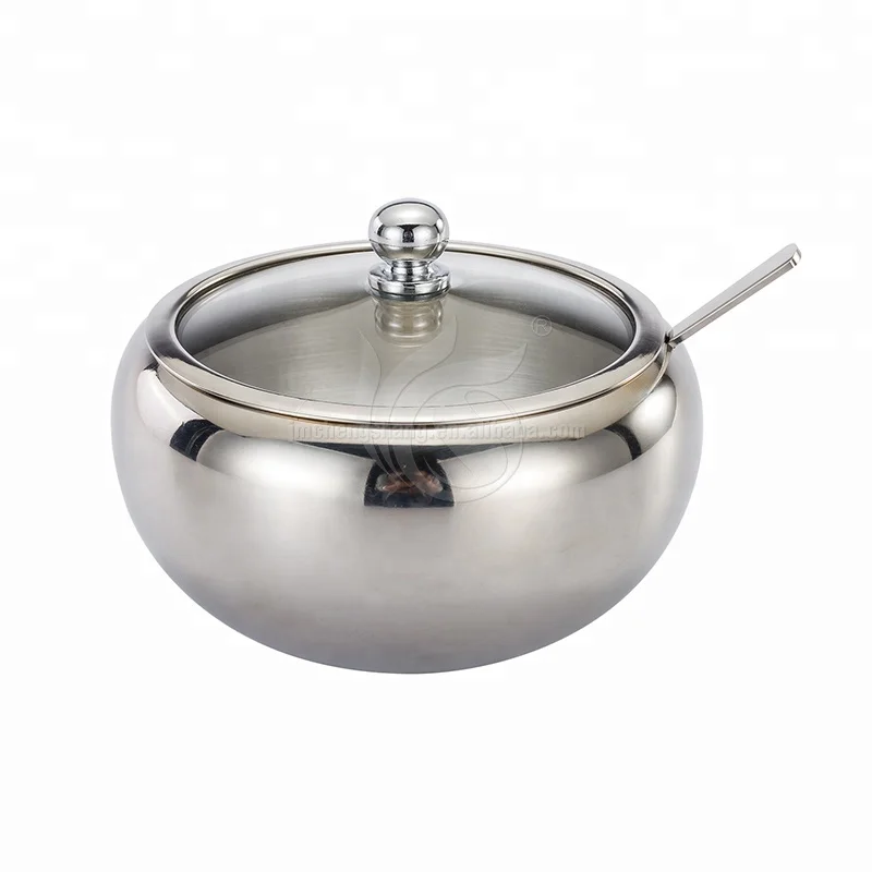 Restaurant Tableware Kitchen Sugar Pot Canister with spoon & lid & holder Stainless Steel Metal Sugar Bowl