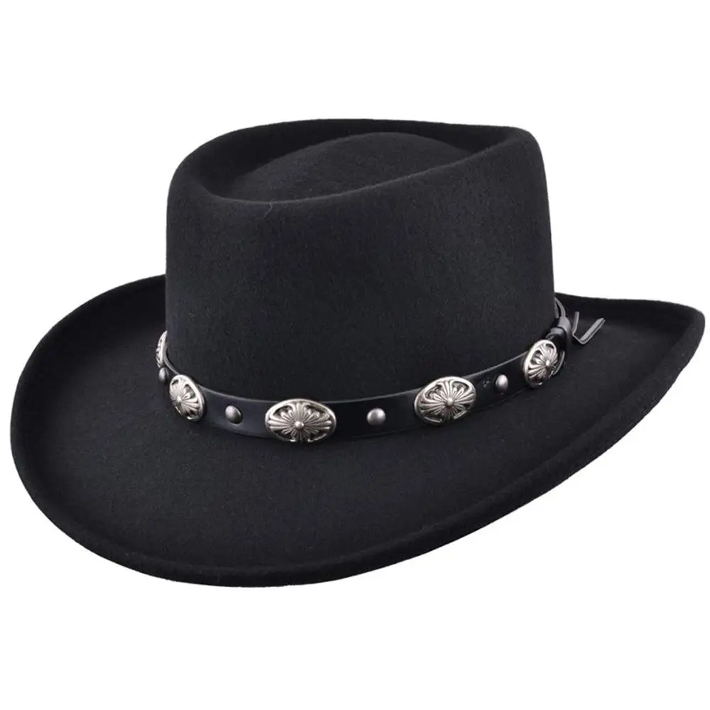 
Crushable Wool Felt Gambler Cowboy Hat with Buckle Band - Black 