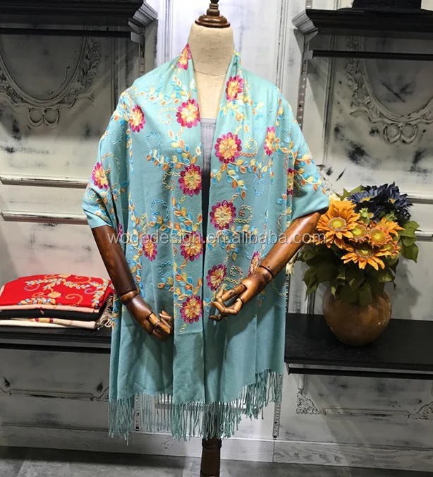 New stylish supplier nice womans twill acrylic shawls stoles echarpe cashmere feeling flowers embroidery winter pashmina scarfs