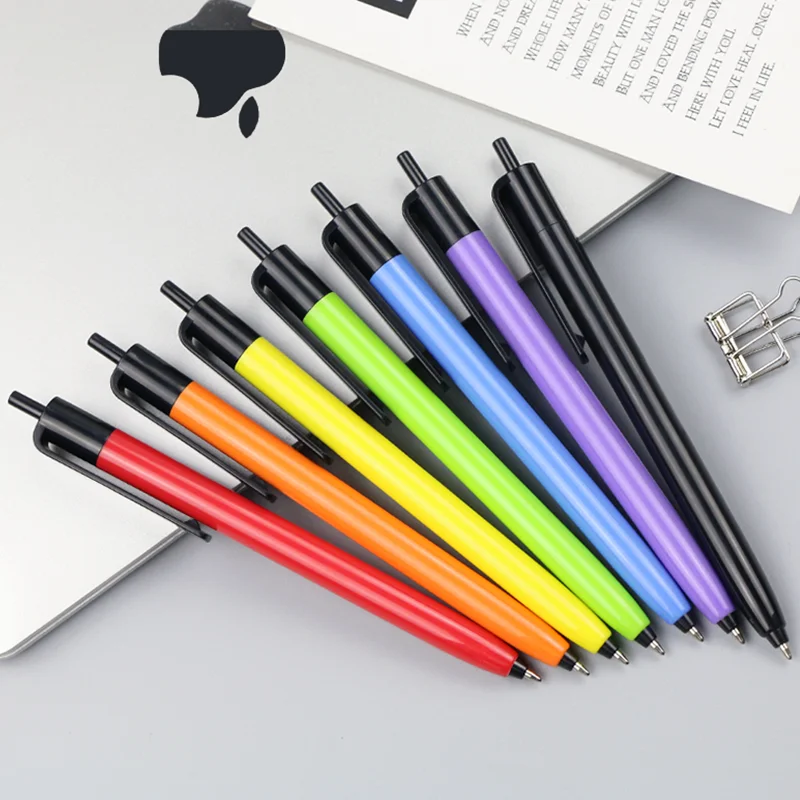 Promotional Press Click Action Logo Printed Solid Colorful Body Plastic Ball Ballpoint Pen For Business