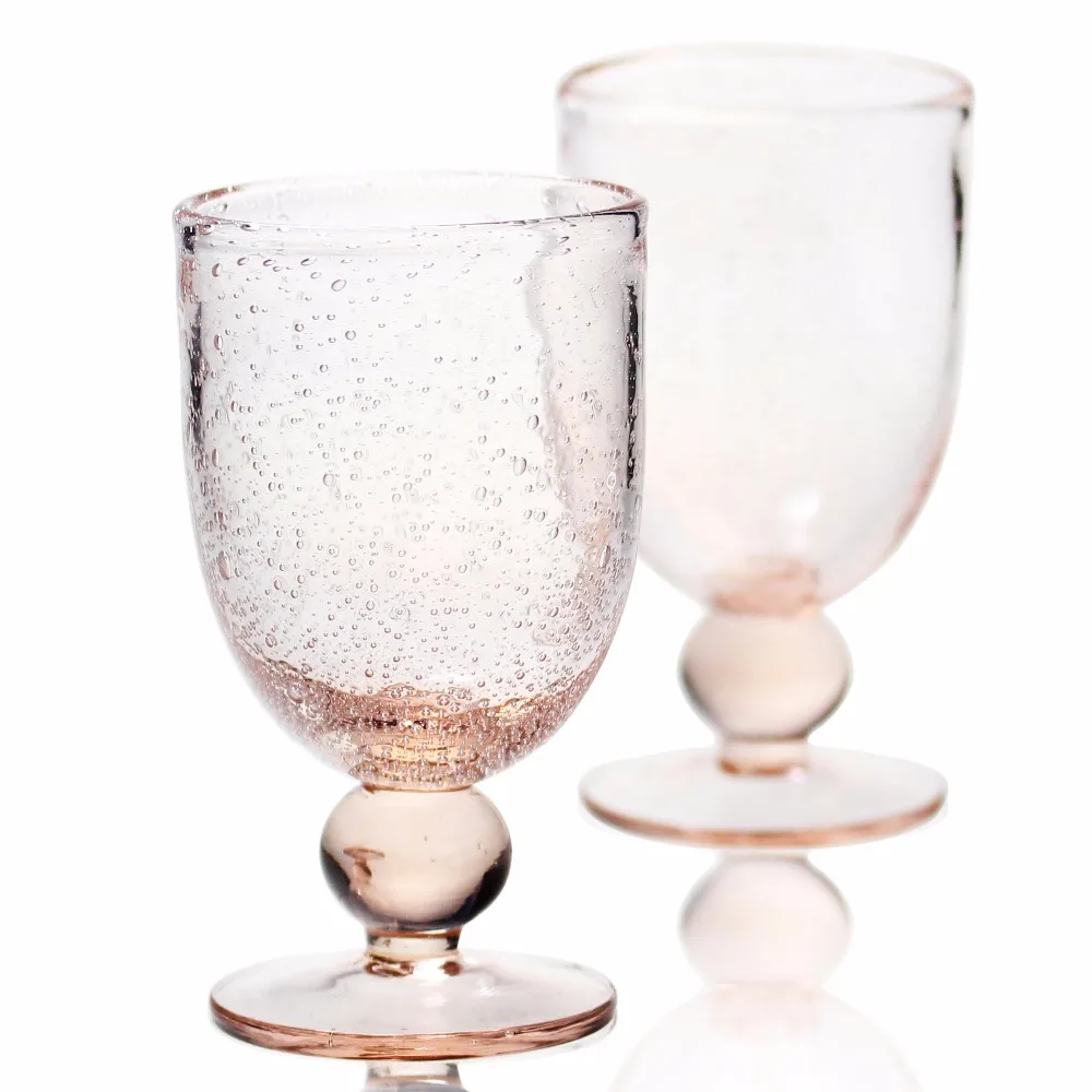 Handmade fancy pink color bubble glasses craft with ball stem soda lime glass