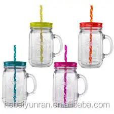 Custom made embossed glass mason jar With Straws Handle